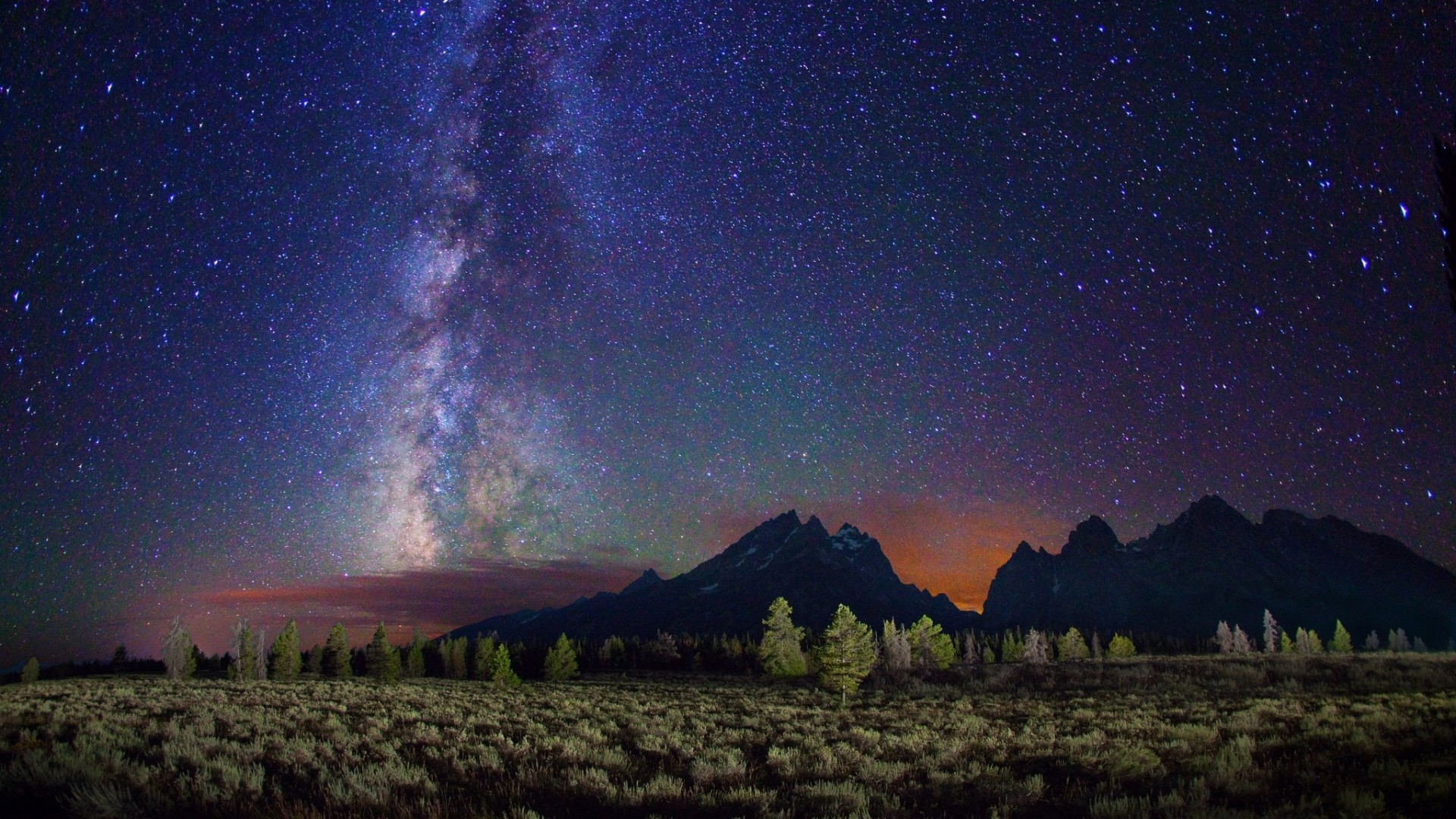 Preview wallpaper milky way, stars, mountains, field, night 1920×1080