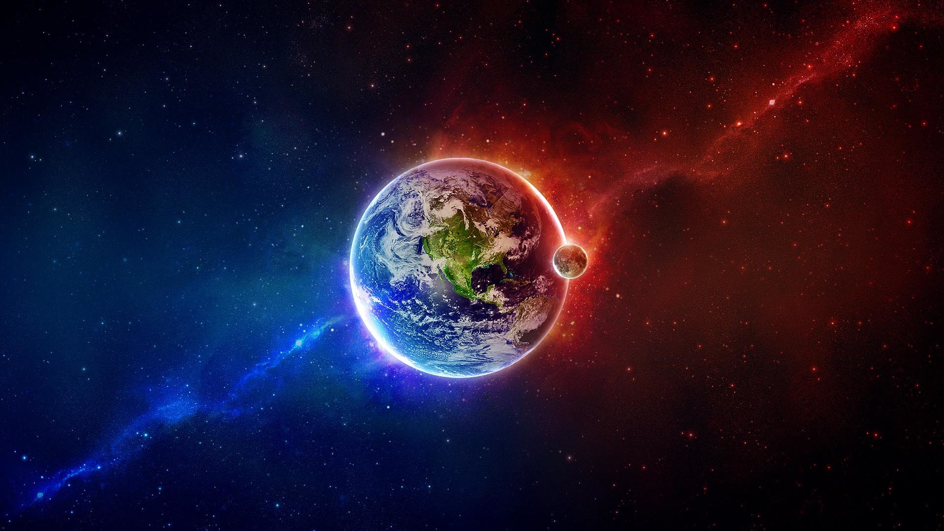 Blue with red Outer Space Earth Moon Red Blue HD Wallpaper