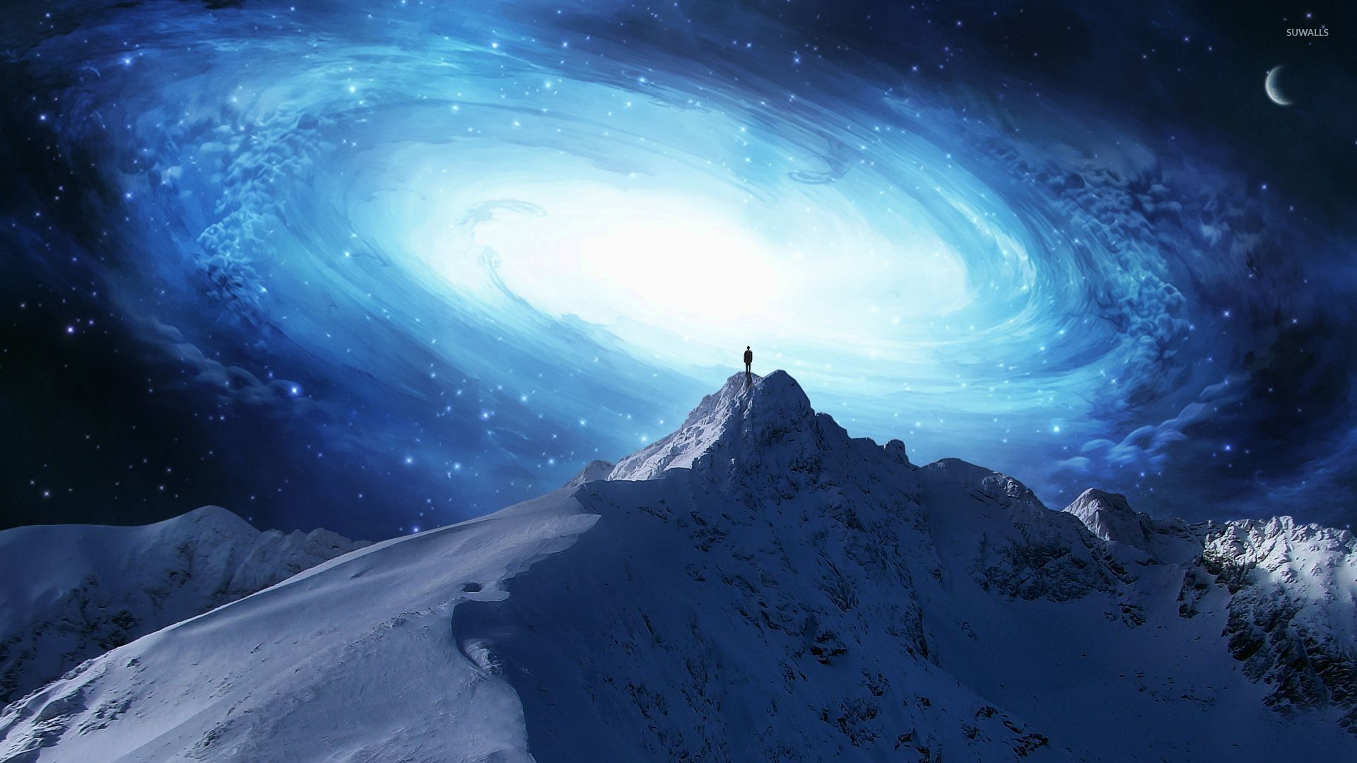 Man on the mountain peak overlooking the galaxy wallpaper jpg