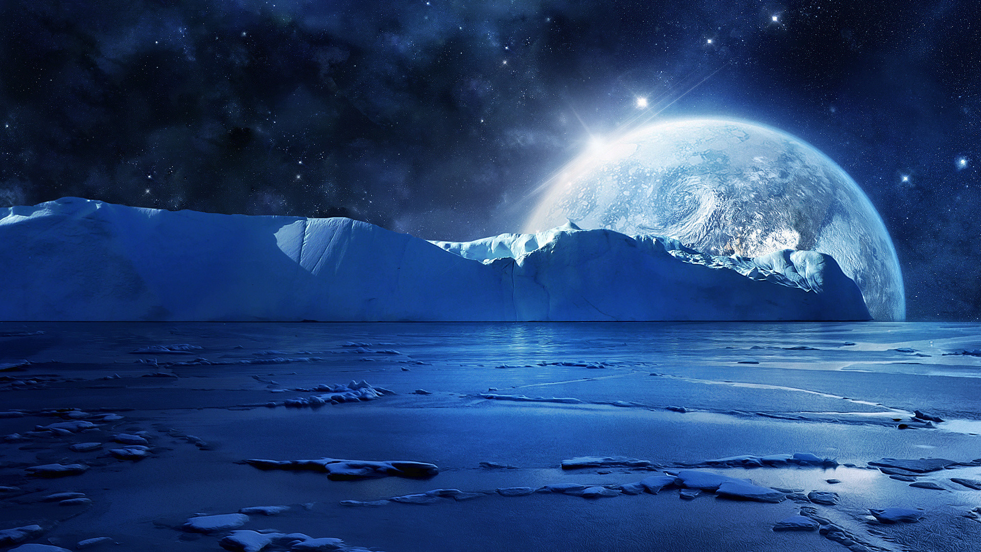 Artic winter ocean sea moon sky planets stars space wallpaper