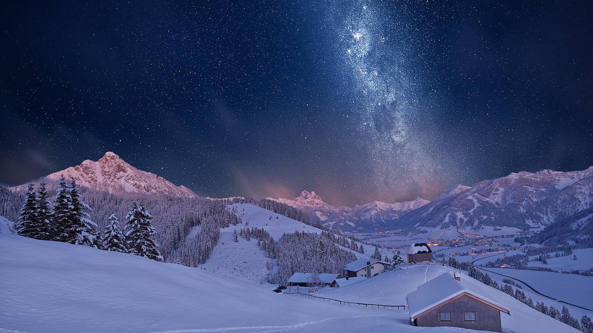 Wonderful Starry Night Above A Town In A Valley HD Desktop Background  wallpaper