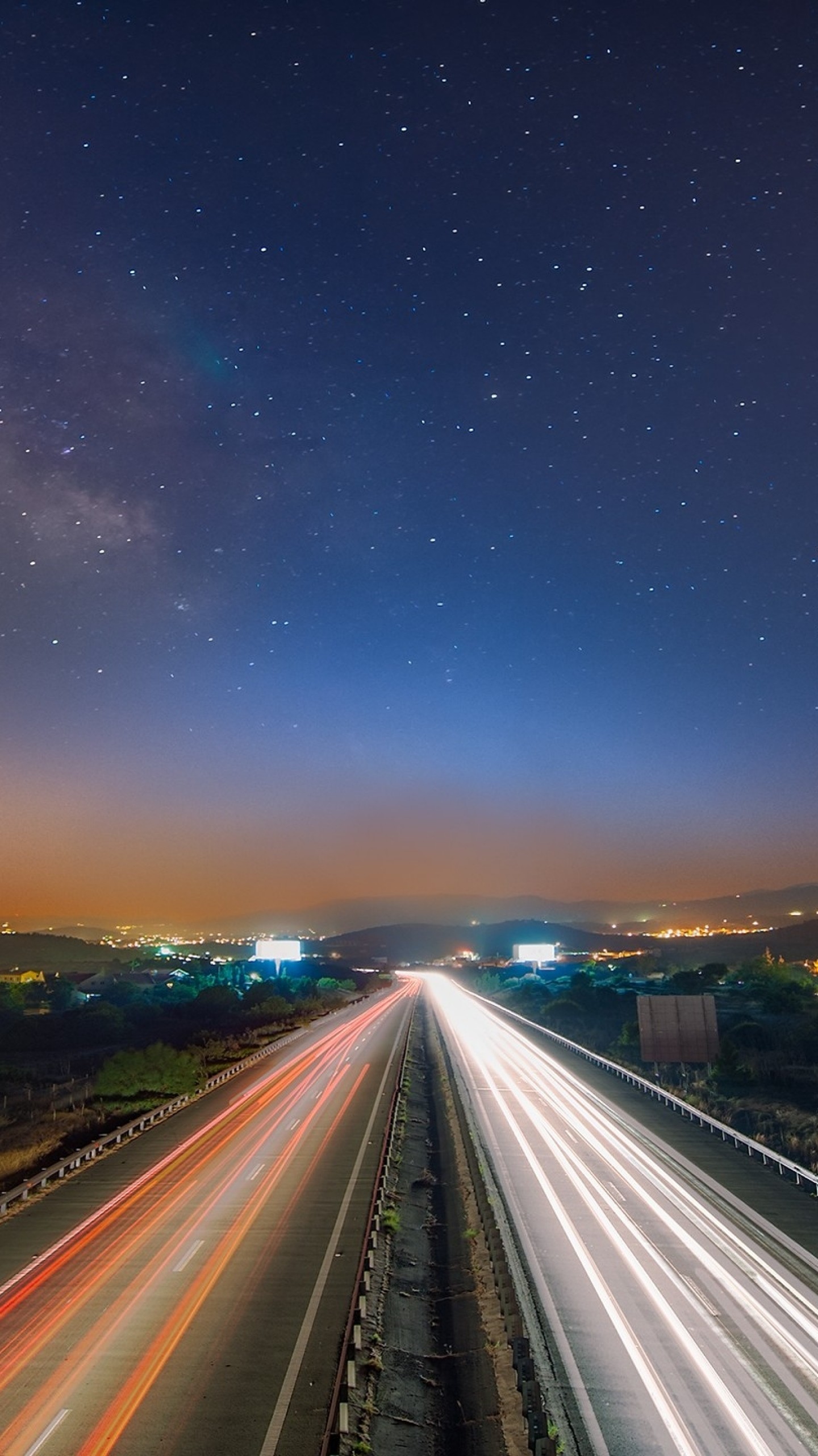 Wallpaper starry sky, night, road, traffic