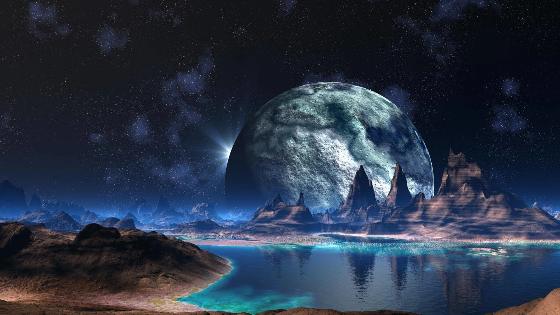 Alien Landscape Planet Stars Lake sci-fi space reflection mountains .
