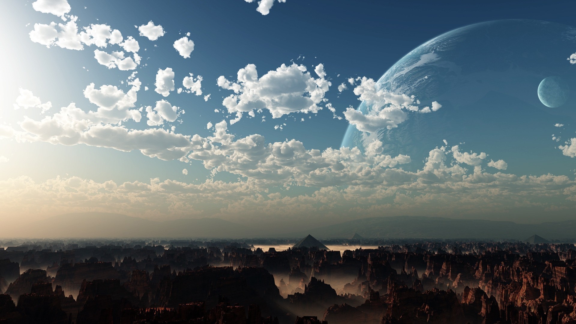 General clouds digital art planet Moon landscape rock formation sunlight pyramid sky high view canyon