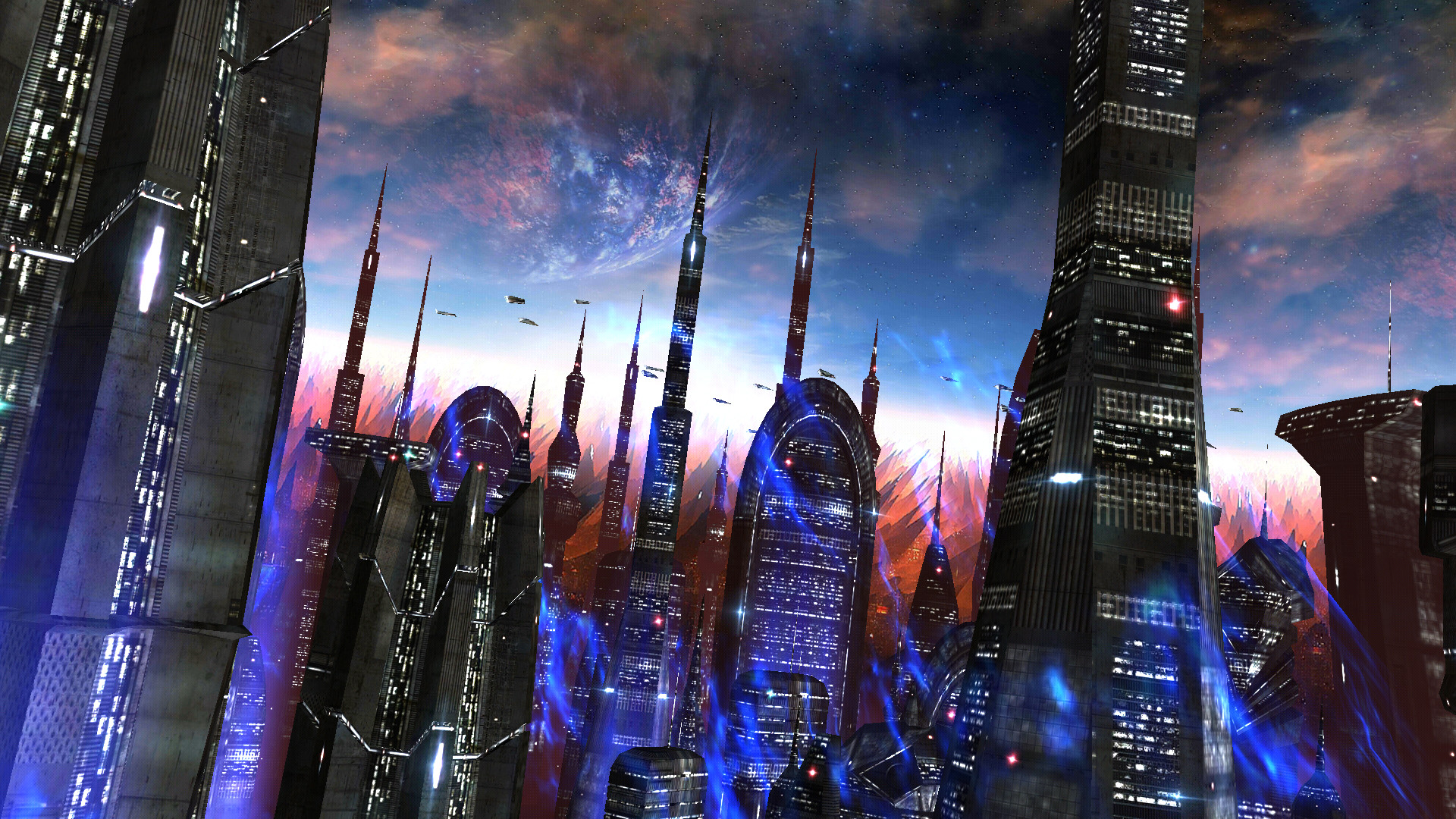 Space Colony turns your home screen into an alien cityscape with towering  buildings, epic star-filled skies, and glowing starships flying past.