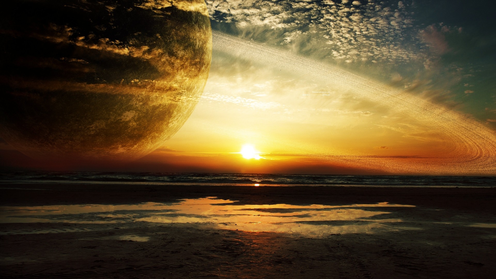 Preview wallpaper sunset, sea, rings, planet 1920×1080