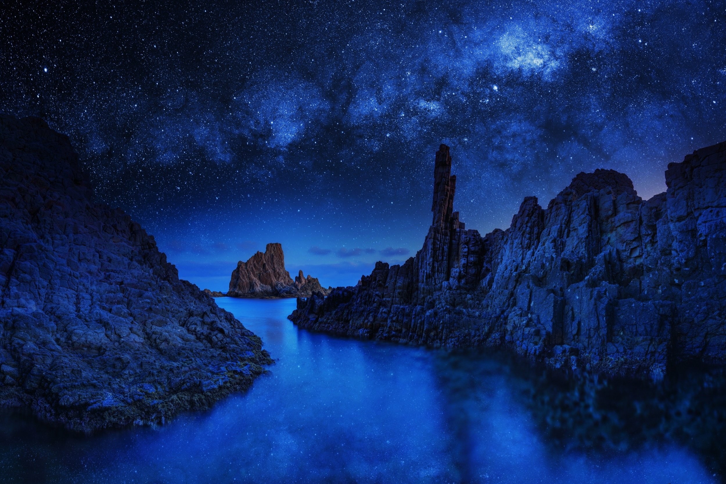 River ocean sea stars sky blue night mood reflection wallpaper
