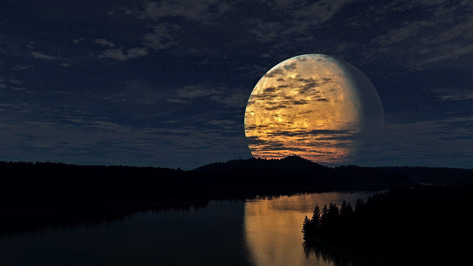 Wallpaper night, sky, moon, trees, river, reflection