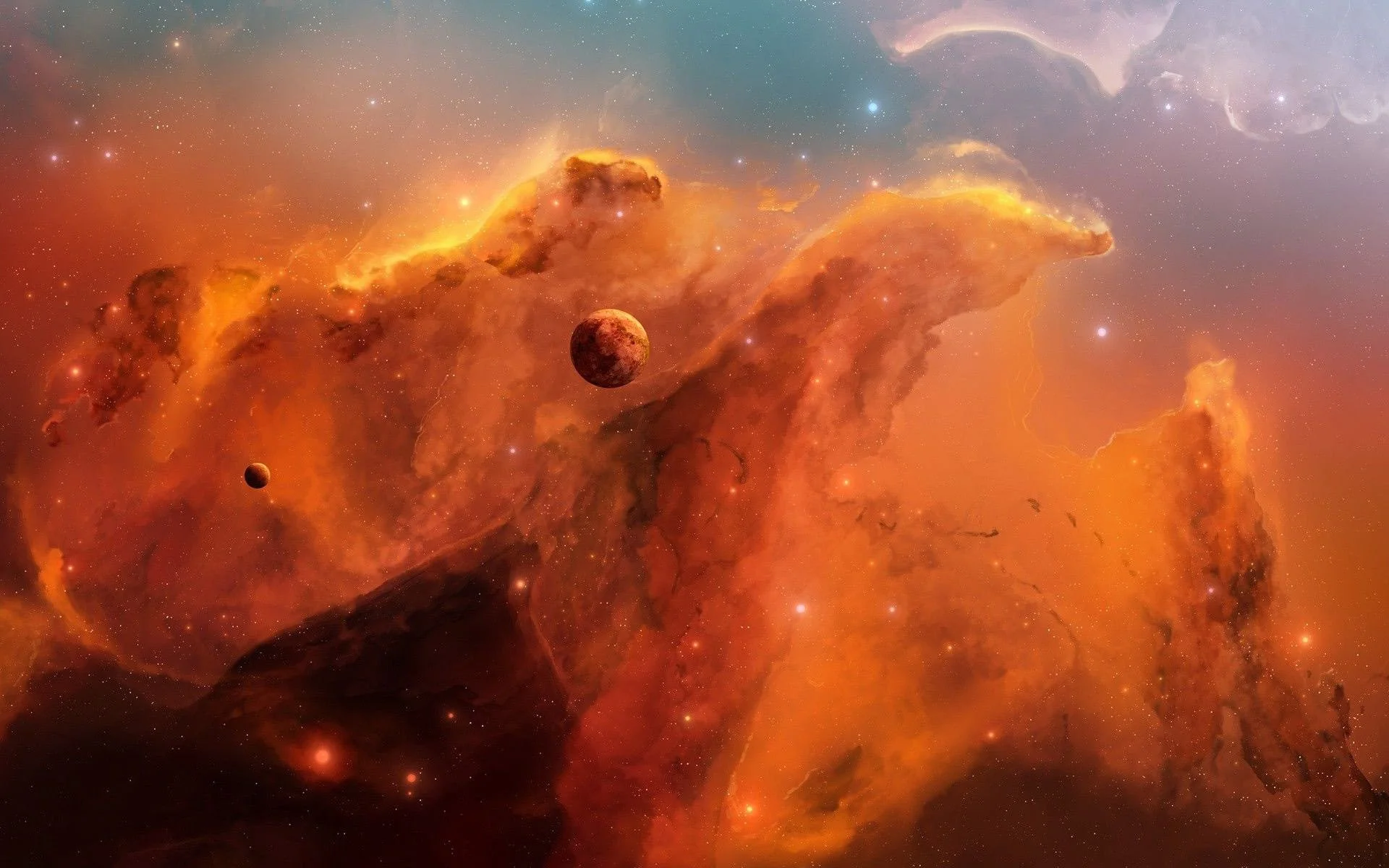 Planets And Orange Nebula Wallpaper
