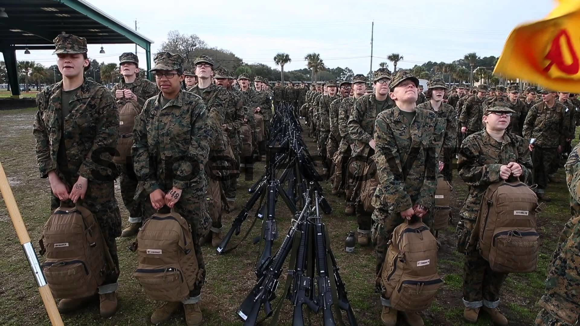 Female Marine recruits train during boot camp February 27