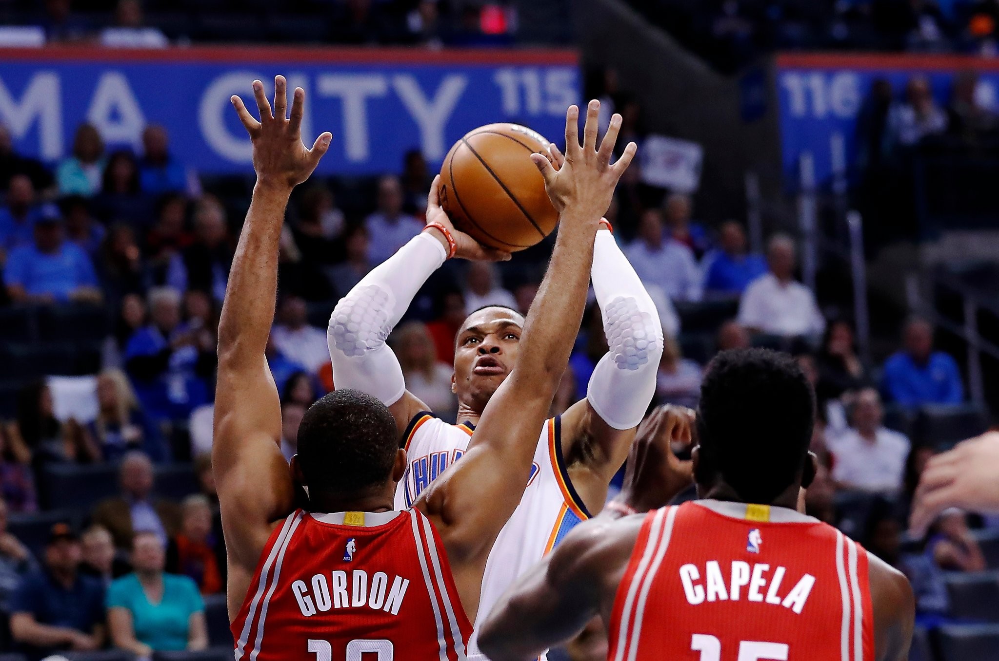 Westbrook shot over Eric Gordon and Clint Capela of the Rockets this month. Credit Alonzo Adams / Associated Press