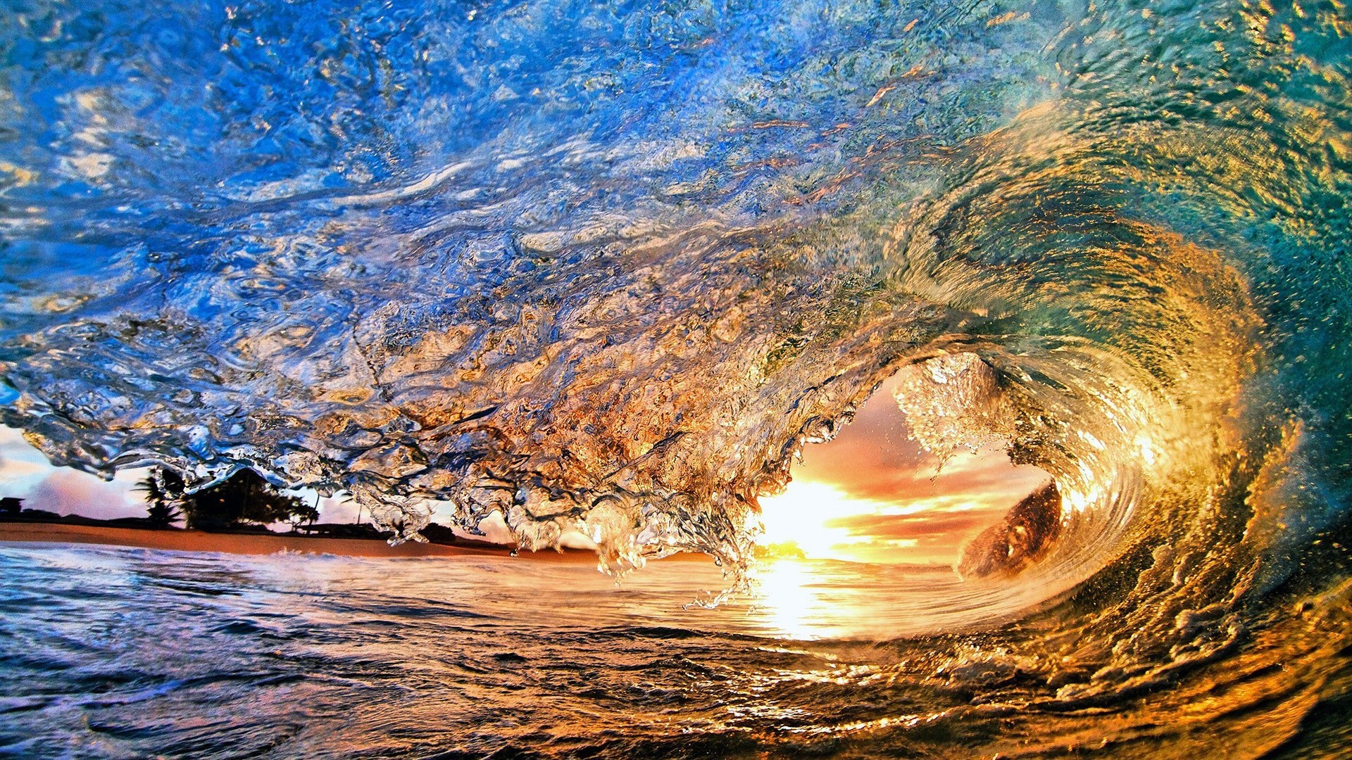 Surfing waves in sunset wallpaper