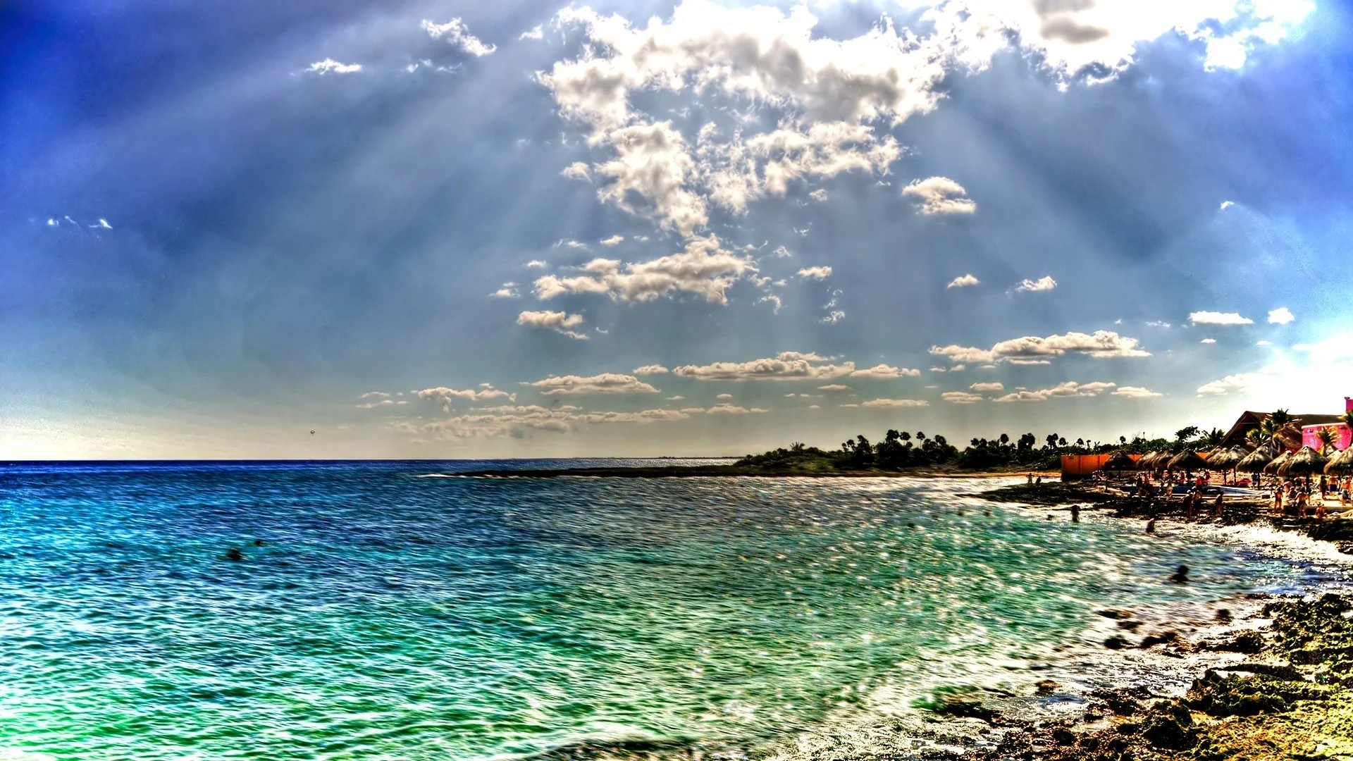 Background Full HD 1080p. Wallpaper beach, sea, sun, beams, colors, coast, people