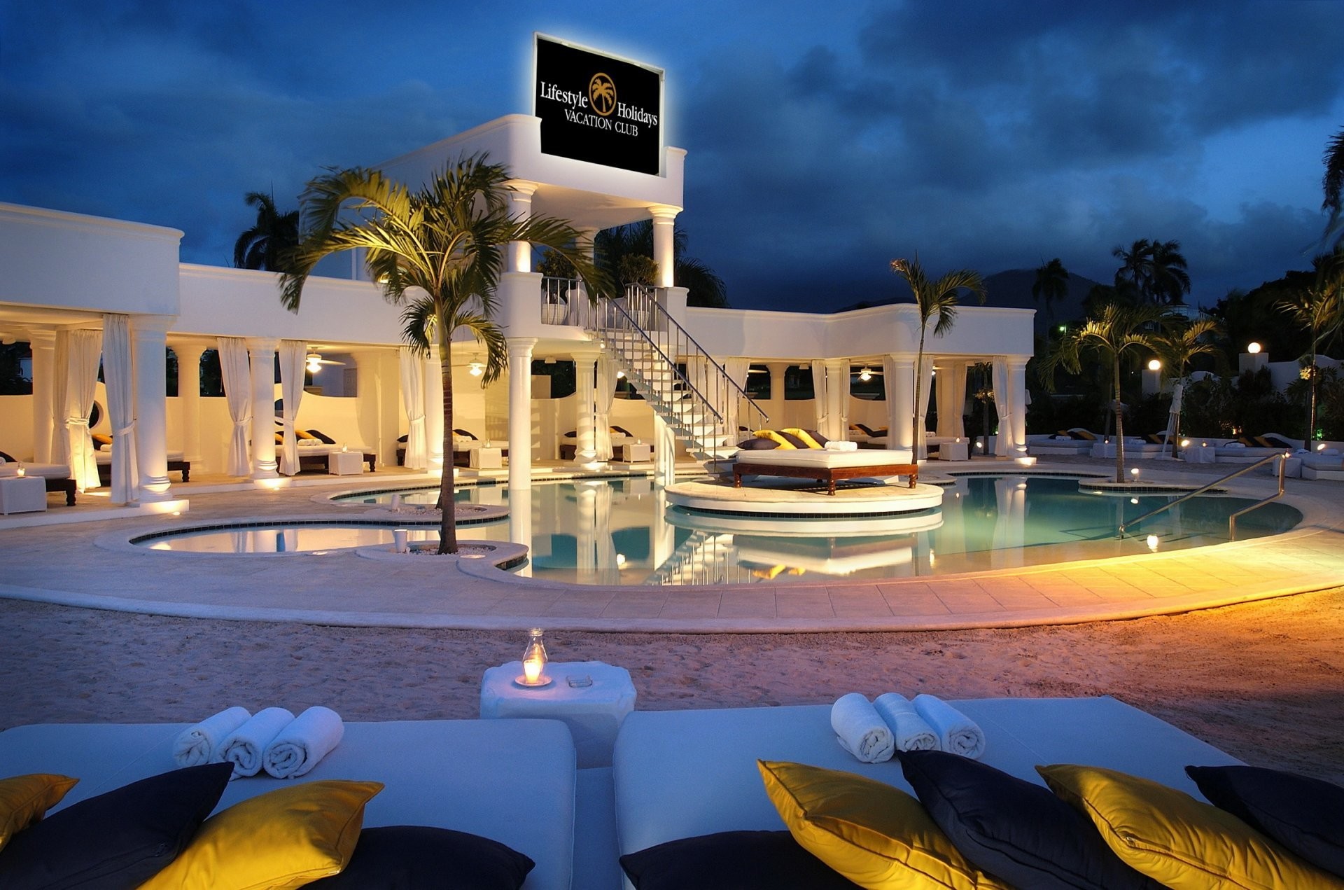 resort club dominican republic building column pools swimming pool beds  pillow architecture night palm .
