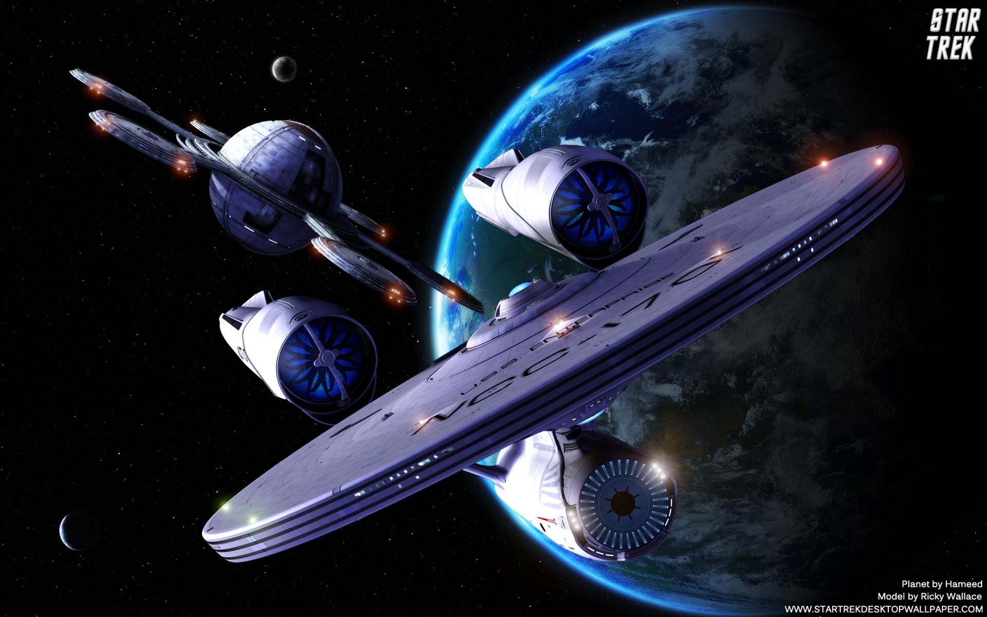 Star Trek USS Enterprise 1701 departing United Federation of Planets  Starbase. Free Star Trek computer