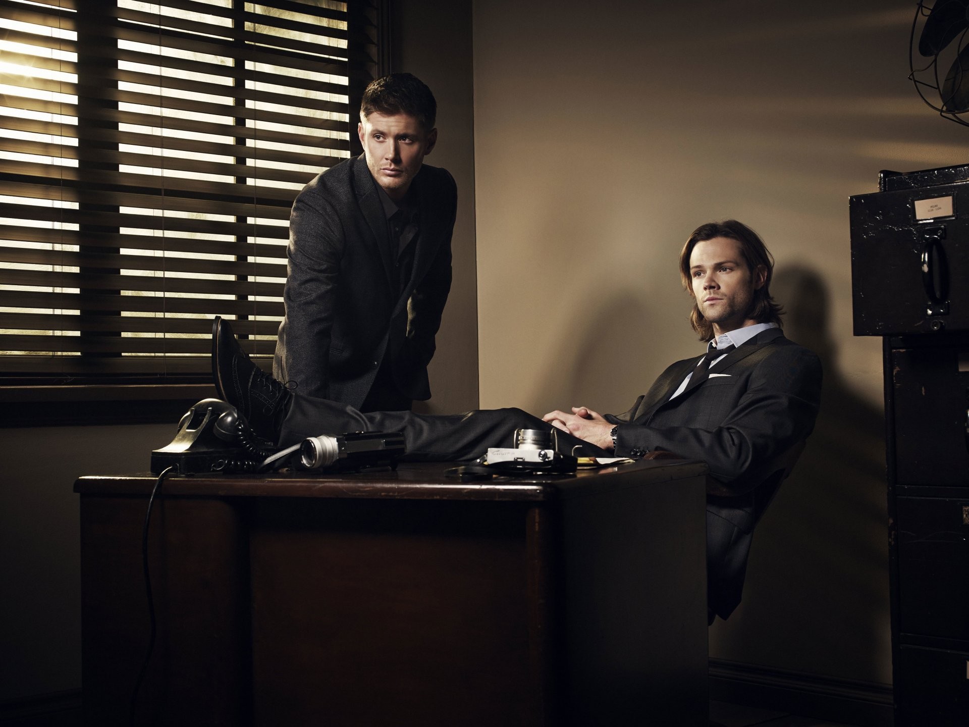 Supernatural season 9 supernatural men suits table dean sam winchester dean sam hard drive actors jensen